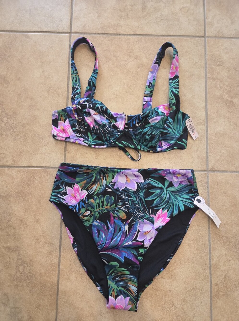 NWT Victoria's Secret SWIM Black Palm Bikini Set Balconet Top High Waist S 34C